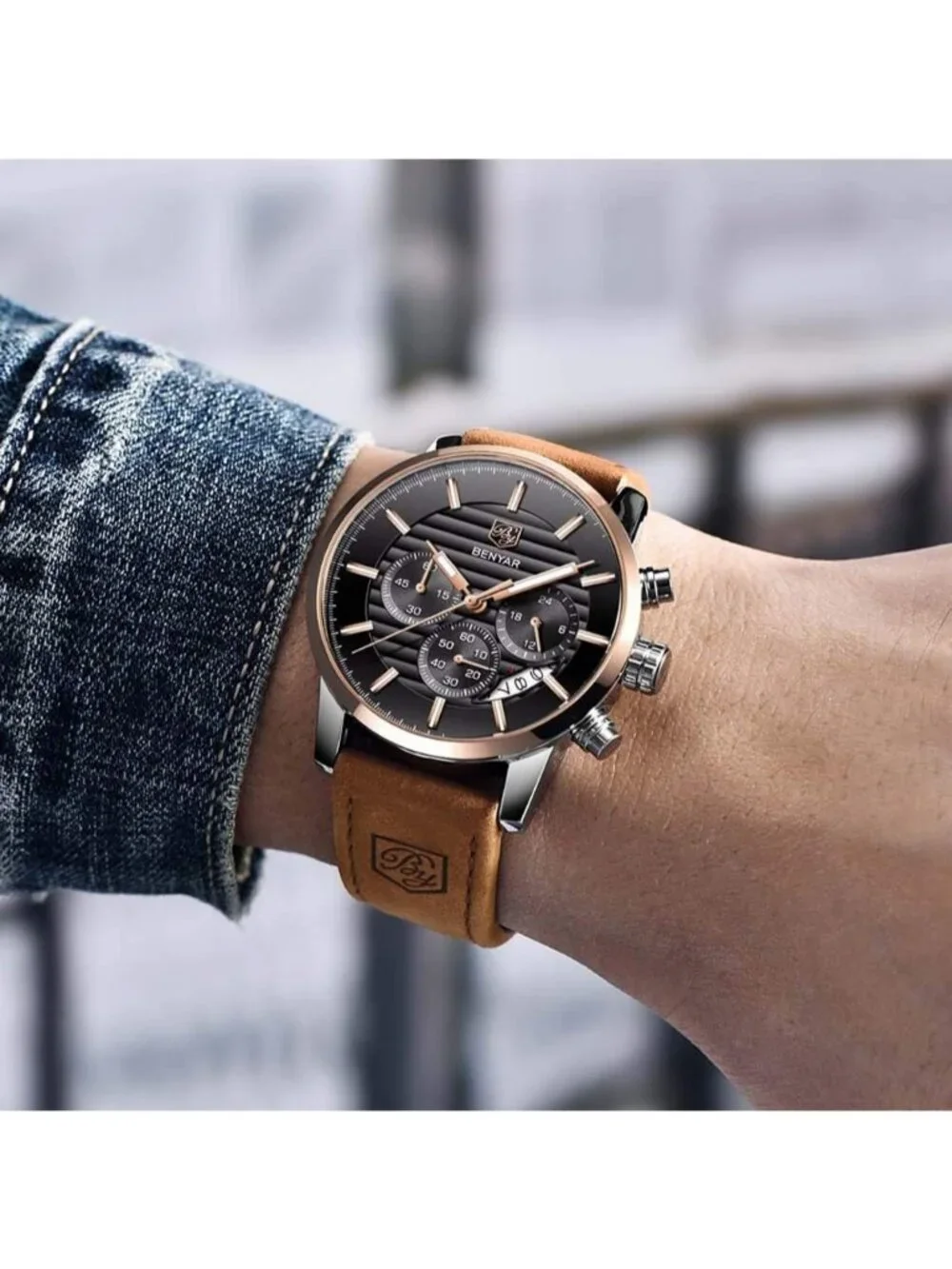 Men's Brown Gold Black Analog Quartz Chronograph Waterproof Fashion Wrist Watch